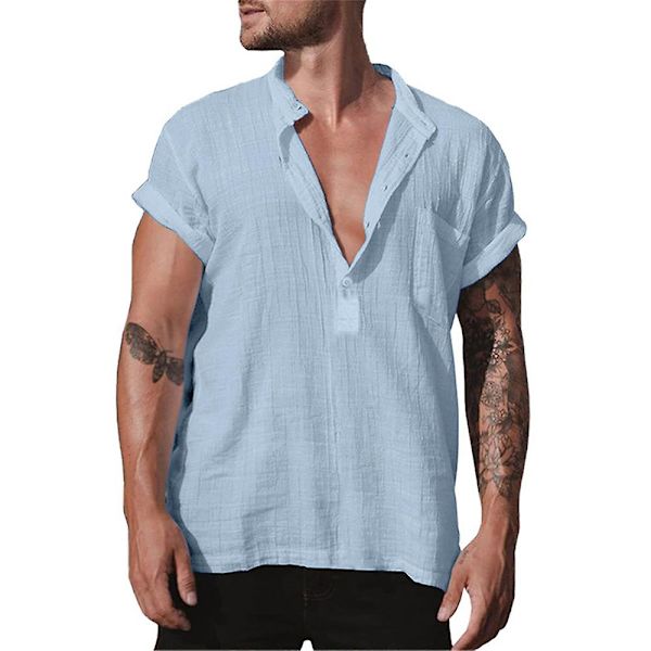 Herrar Toppar Enfärgad Kortärmad Knapp V-Hals Sommar Casual T-shirt Blue 2XL