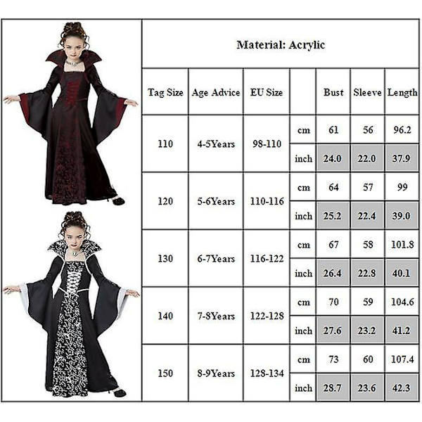 4-9-vuotiaat lapset Royal Vampire Cosplay -asu Keskiaikainen viktoriaaninen vampyyritar kuningatar noita Halloween-juhlat Tyylikäs mekko Lahjat - Viininpunainen 5-6Years