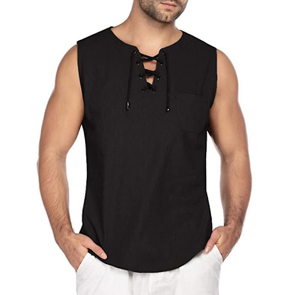 Mænds Sommer Ærmeløs T-shirt Snøre Mode Almindelig Vest Tank Tops Black L