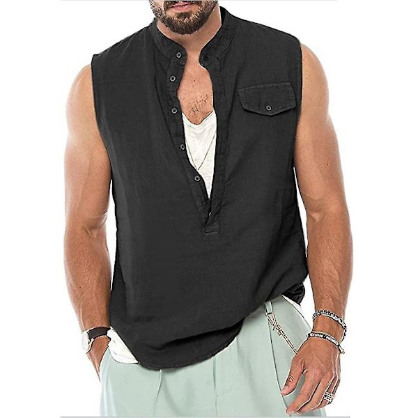 Män V-ringad Ärmlösa skjortor Sommar Button Tank Tops Black S