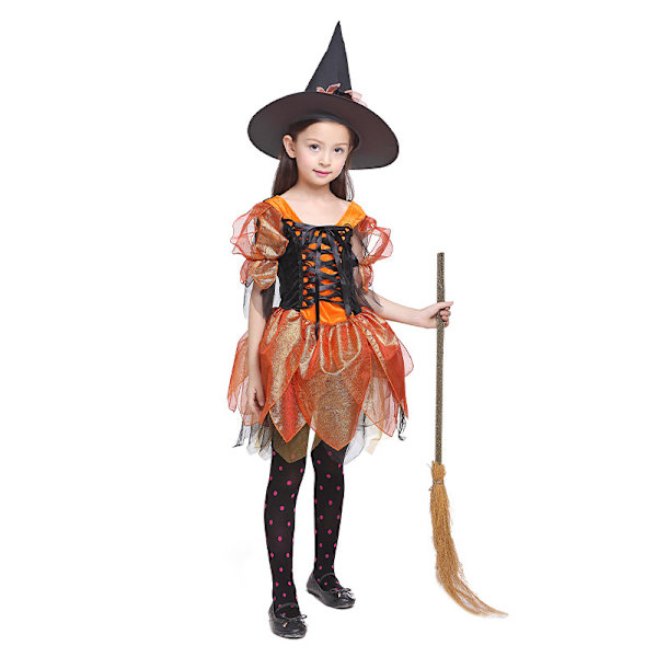 4-13 År Pige Hexe Cosplay Kostume Kjole+hat Halloween Festgaver-Orange 12-13 Years