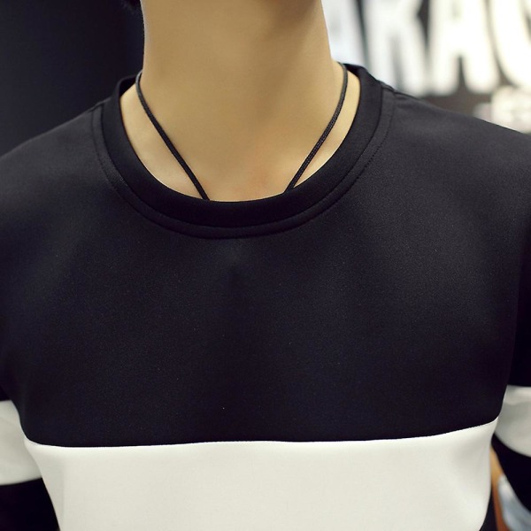Stripete langermet t-skjorte for menn med rund hals uformelle topper Black XL
