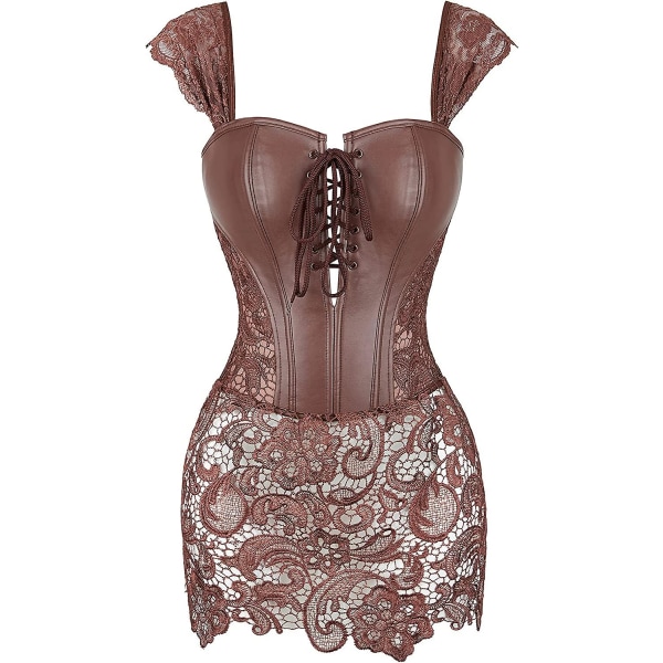 Szivyshi Dame Overbust Sweetheart Lace Up Plastic Bones Corsett Bustier Top -ge Brown fau* leather S