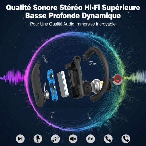 Trådløse øretelefoner, Bluetooth 5.0 sportshodetelefoner Overlegne dypbass ørepropper 48 timers avspillingstid, 24