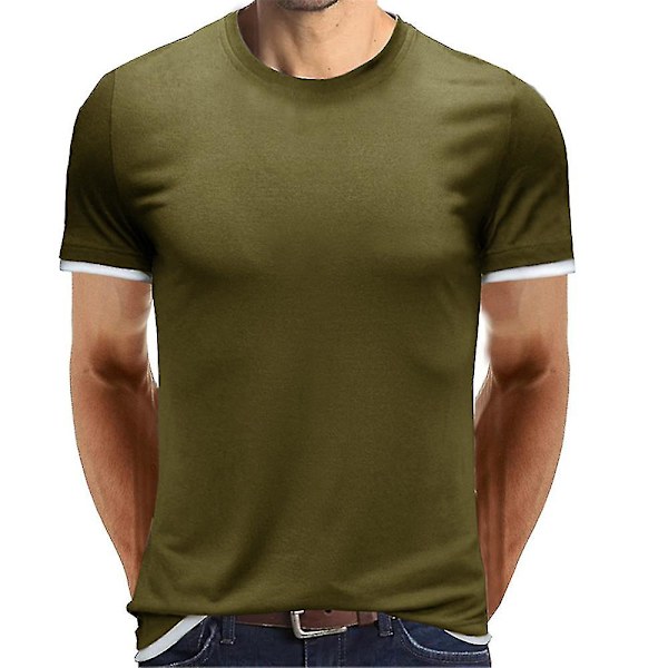 Mens Vanlig kortärmad T-shirt med rund hals sommartoppar Army Green S