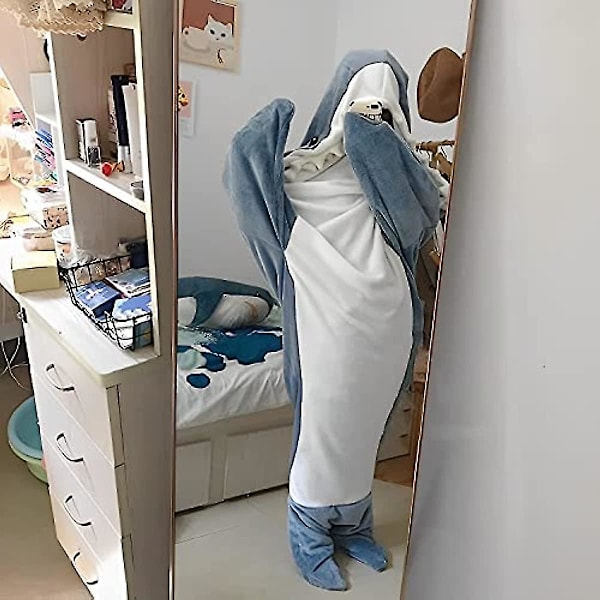 Hajtäcke för Vuxna, Hajtäcke Hoodie, Haj Onesie Täcke, Hajtäcke Super Mjukt Mysigt Flanell Hoodie Sovsäck -ES Blue XXL - 82.7 Inch Long
