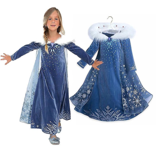 Frozen Queen Elsa Prinsesse Cosplay Kostyme for Jenter - Mørk Blå med Kunstig Pels Krage 3-4 Years