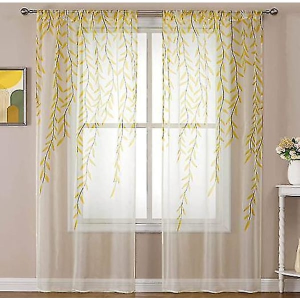 Green Sheer Window Verhot- Willow Leaves Print Voile Sheer Curtain yellow 100*270