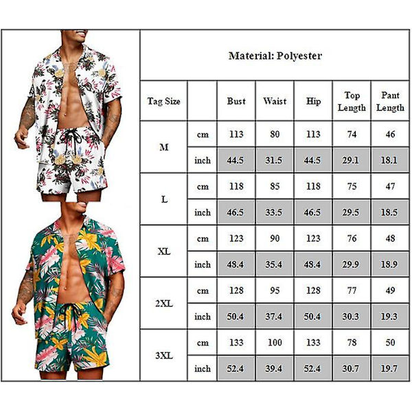 Män Tropisk Tryckt Hawaii Skjorta Kort Byxa Set Sommar Semester Strand Kortärmad Toppar + Shorts Outfits C M