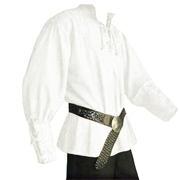 Herre middelalderlig retro piratkostume langærmet bluse skjorte V-hals skjorte med snørebånd White XL