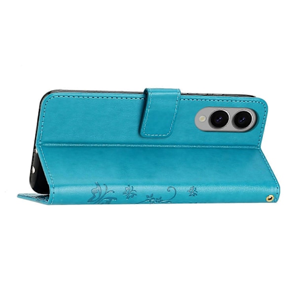 Læder Wallet Case med Sommerfugl og Blomster til Samsung Galaxy S25 Edge med Rem Multicolor Blue