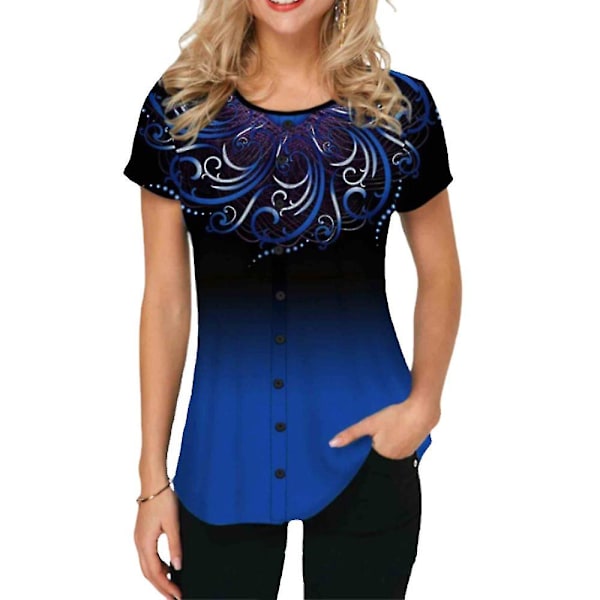Naisten Gradient-painikkeilla varustettu lyhythihainen T-paita Kesä Casual Topit Blue 2XL