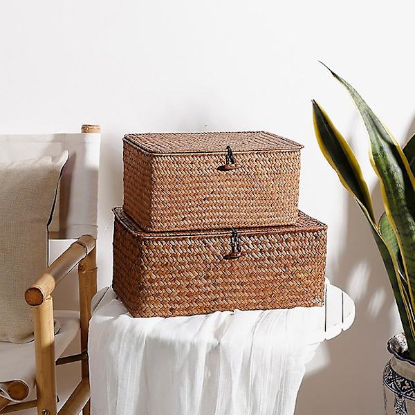 Vävda Halmkorgen med Lock - Set om 4 - Rektangulär Sjögräs Korg/ Korg för Hylla Organiserare