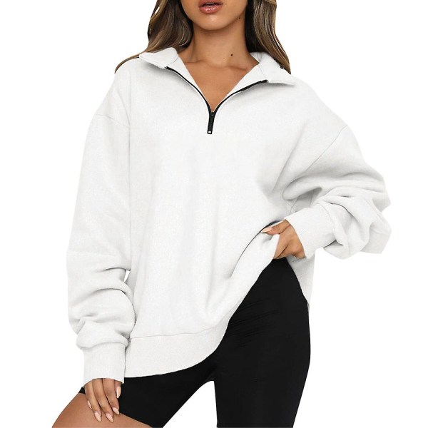 Dame Casual Tops Sweatshirts Løse Langærmede Enfarvet Trøje White XL