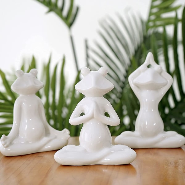 Lot av 3 Mediterande groda Yogaställning Staty Staty Keramik Groda Yoga Skulptur Set Dekor Zen Groda (vit set) White Set