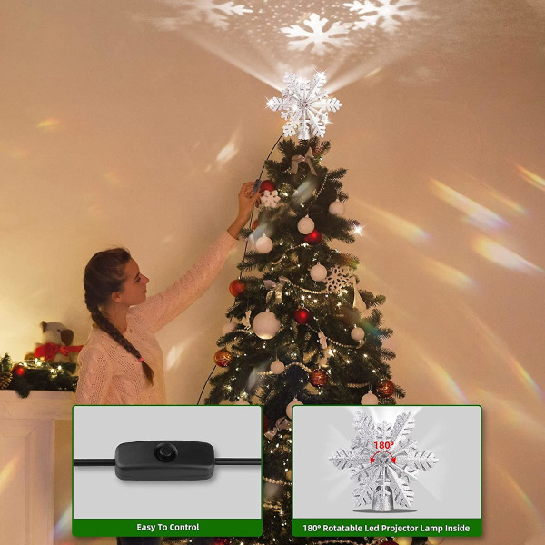 Christmas Tree Topper Light With Rotating Led Projector, 3d Hollow Snowflake Christmas Tree Topper -ES