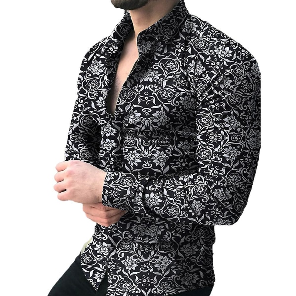 Herr knappar ner blommig printed skjorta Casual Party långärmade toppar Black M