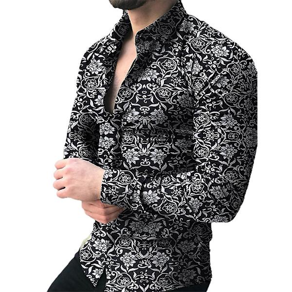 Miesten napit printed paita Casual juhlien pitkähihaiset topit Black M