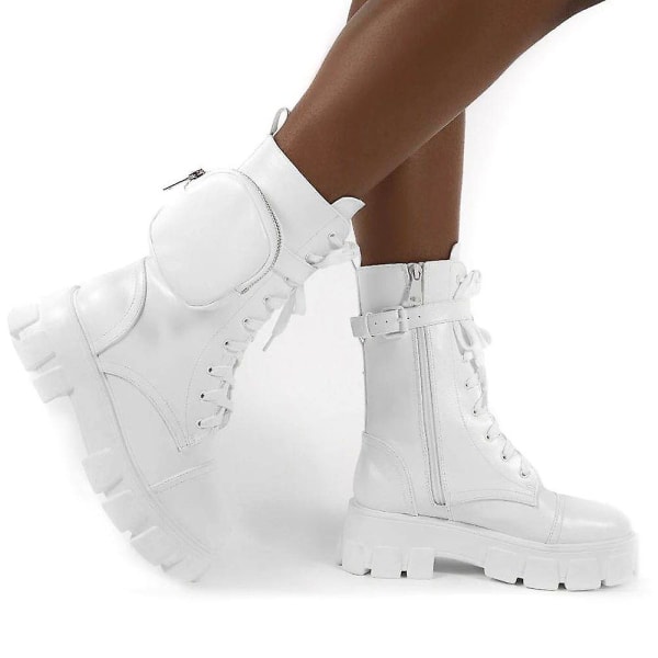 Kvinnor Combat Ankel Boots Chunky Platform Snörning Zip Biker Skor -ge White 43