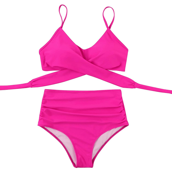 Dam Bikinitop med Korsband, Push-Up, Magkontroll, Halter, Högmidjad Bikini, Tvådelad Baddräkt Rose Red Medium