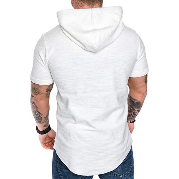 Herr Enfärgad kortärmad huva T-shirt Sommar Casual Sport Hoodies Toppar White XL