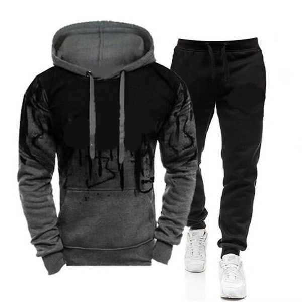 Fitness långärmad huvtröja för män+långbyxor Sport sweatshirt Outfit Set Gray 3XL