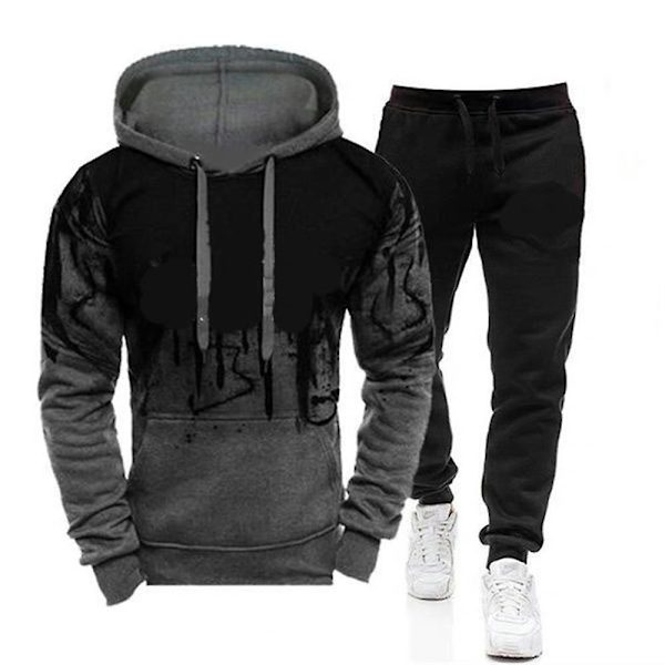 Män Fitness Långärmad Huvtröja + Långa Byxor Sporttröja Outfit Set Gray XL