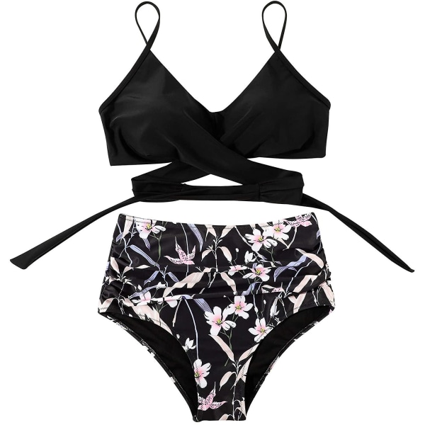 Dam Bikinitop med Korsband, Push-Up, Magkontroll, Halter, Högmidjad Bikini, Tvådelad Baddräkt Black Floral-1 Medium