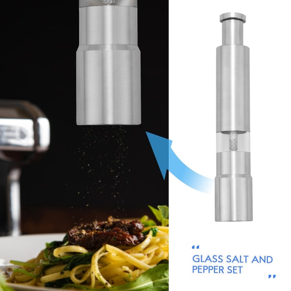 Salt- og peberkværnesæt med 2, peberkværn i rustfrit stål saltryster trykknap manuelt glas Silver
