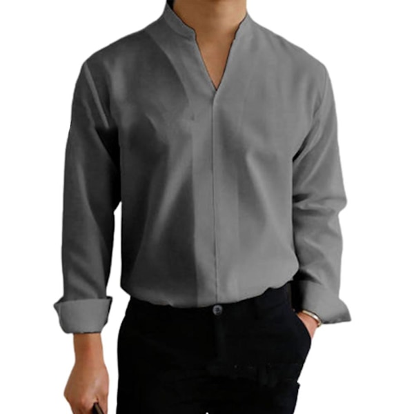 Herrar Stående Krage V-Hals Skjorta Casual Långärmad Solid Formell Topp Grey 3XL