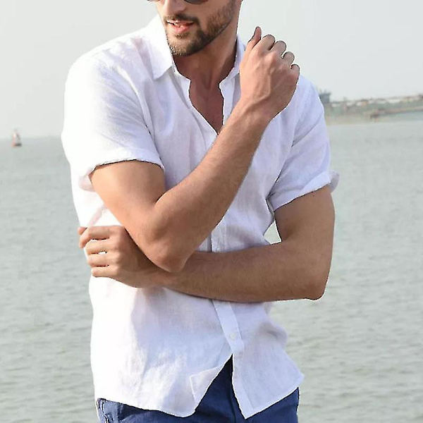 Herre sommer afslappet skjorte korte ærmer strand toppe White 2XL
