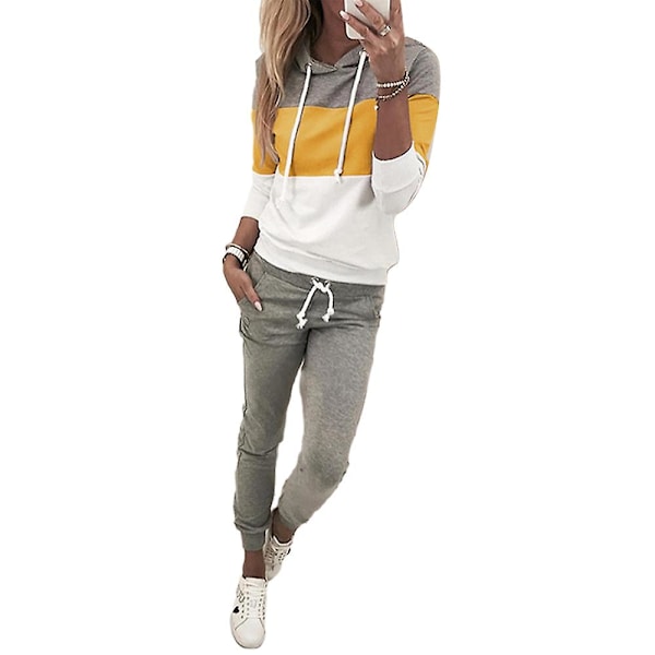 Dame Treningsdrakt med Hetter, Fargeblokk Hetter Topper + Enkle Bukser, Sports- og Treningsantrekk Yellow S