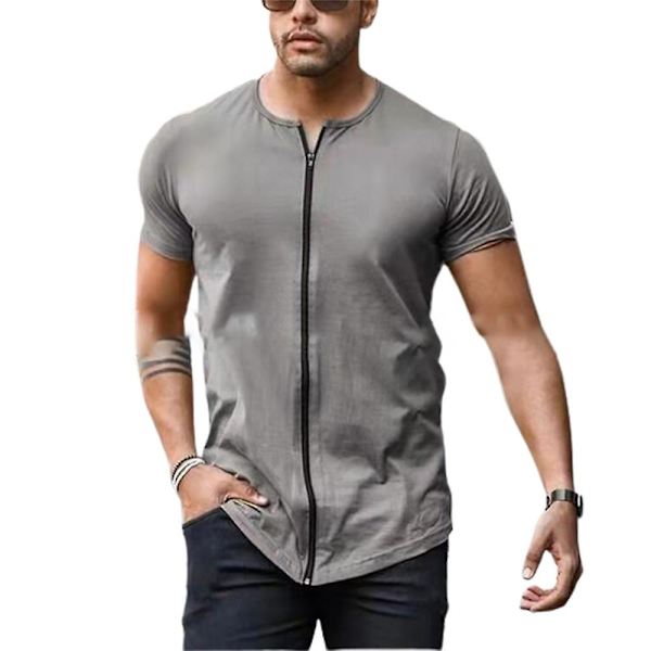 Herrar Sommar Casual Zip-Up Kortärmad Enfärgad T-shirt Grey 2XL