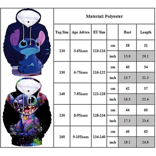 Barn Hoodie med Lilo & Stitch Motiv, Casual, 5-10 År Gradient Stitch 6-7 Years