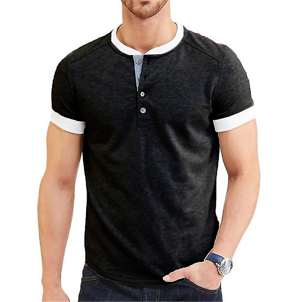 Herrar Falska Två-Delar Henley T-shirt Kortärmad Sommar Toppar Black M