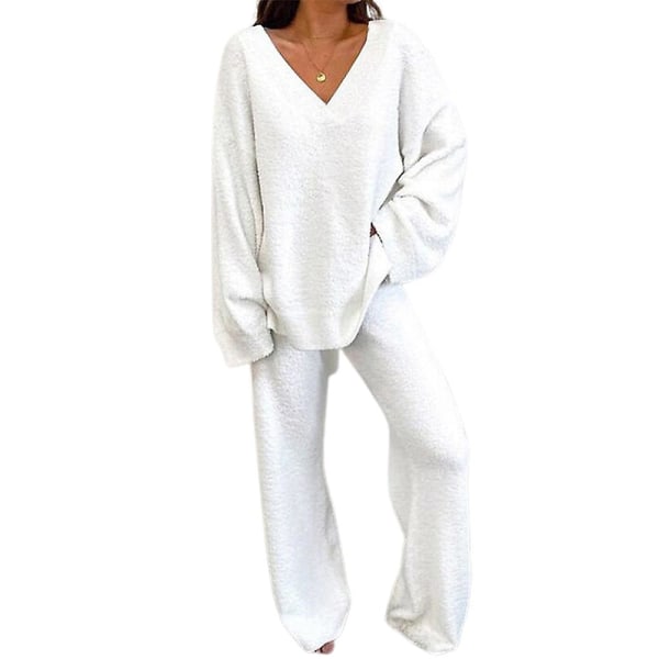 2-pack Damträningsset med V-ringad lös topp + långa byxor Loungewear Pyjamas Set White 2XL