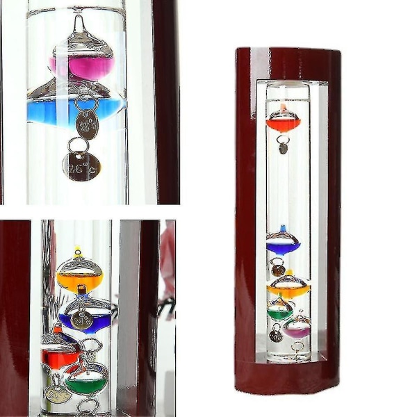 Glas Galileo termometer, en design med flerfärgade sfärer i en körsbärsfärgad träram 9*5*H28cm