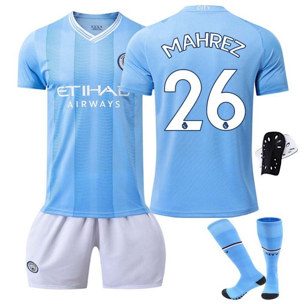 2324 Manchester City hjemmebanetrøje fodbolduniform Mahrez Med sokker+Beskyttelsesudstyr 16(90-100cm)