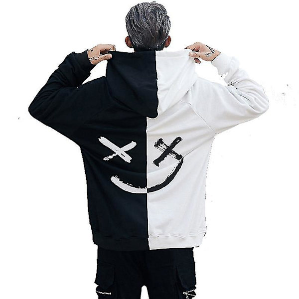 Hettegenser for menn, lang ermet, baggy, med hette Black White M