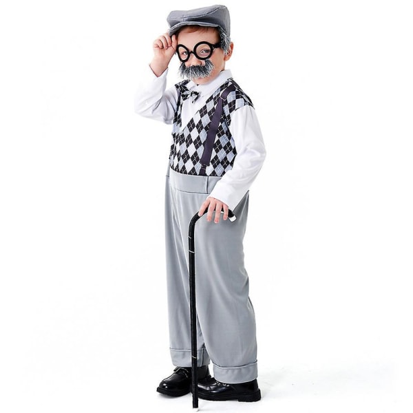 2-12 år Barn bestefar Fancy Dress 100 dagers skole Gammel mann Cosplay Fest Kostyme antrekk Sett Gaver-Grå 10-12Years