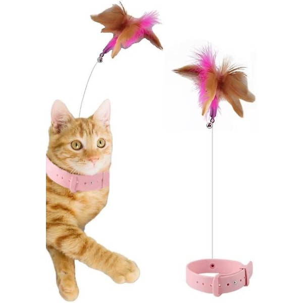Kattfjäderhalsbandsleksaker, interaktiv kattleksak, rolig kattpinne med klocka och fjädrar för kattleksövning Pink