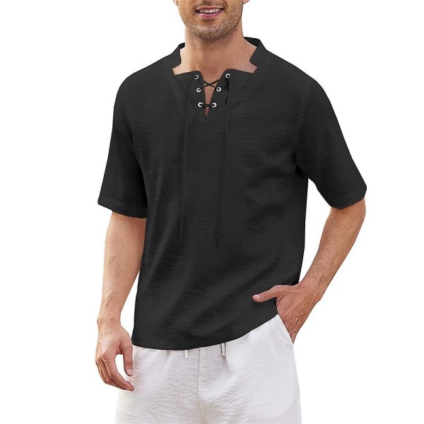 Herreoverdeler Vanlig kortermet sommer T-skjorte med snøring i halsen Black XL