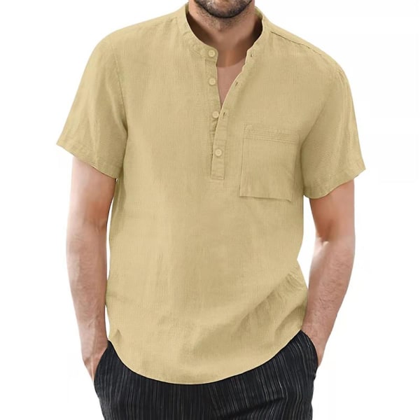 Ensfarvet kortærmede toppe til mænd afslappet sommerskjorte Khaki L
