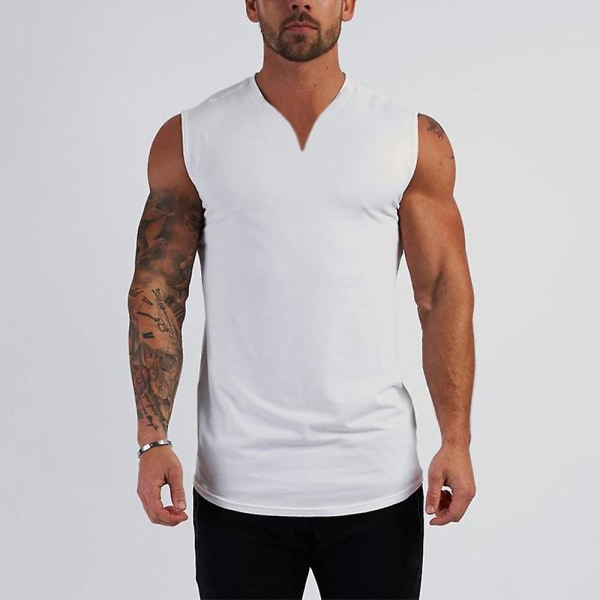 Herre V-hals ærmeløs Vest Sports Fitness Tank Tops White M