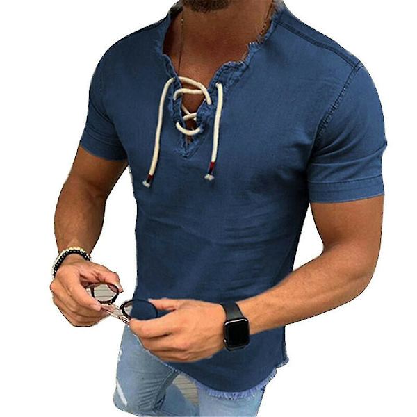 Herr kortärmad jeans T-shirt V-ringad toppar Dark Blue L