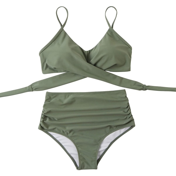 Dam Bikinitop med Korsband, Push-Up, Magkontroll, Halter, Högmidjad Bikini, Tvådelad Baddräkt Army Green Large