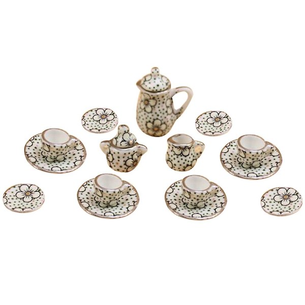 Farfi 15st/ set Dockhus Miniatyr Keramik Blommig Tekanna Kopp Fat Bestick Leksak Dot Wintersweet
