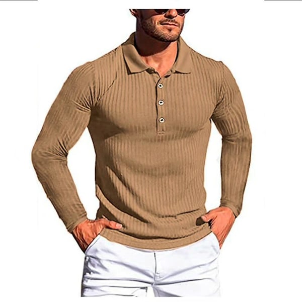 Herrar Långärmad Poloshirt Sport Casual Business Skjorta Toppar Khaki 3XL
