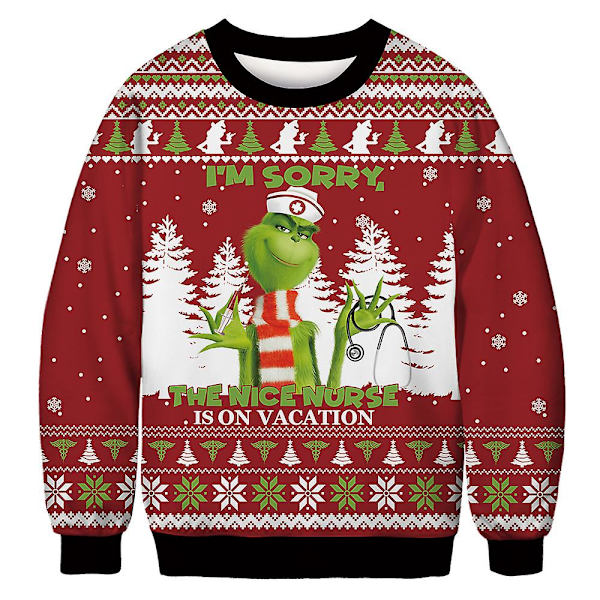 Jultröja för par, Grinch-tryck, rund hals, långärmad, grön monstertopp E 2XL