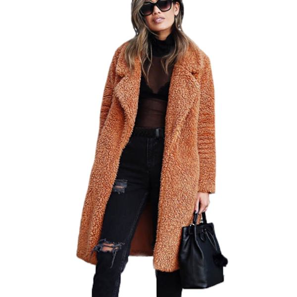 Damjackor Teddy Bear Long Coat Faux Fur Overcoat -ge Caramel M